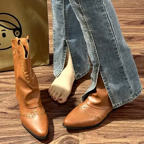 复古铆钉高筒裤管靴法式女靴子百搭西部牛仔靴骑士靴小个子长筒靴商品大图