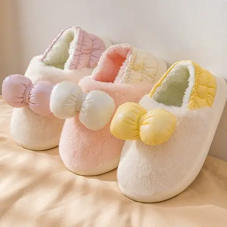 棉拖鞋女可爱蝴蝶结包跟冬季新款情侣家居防滑厚底毛绒保暖棉鞋男商品大图