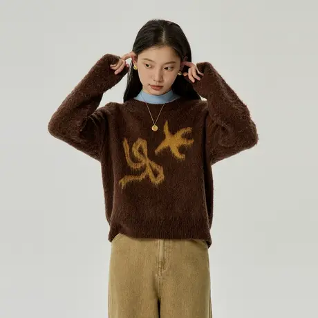 omont蛋挞家 羊驼羊毛圆领毛衣2023冬季新款复古提花慵懒针织上衣图片