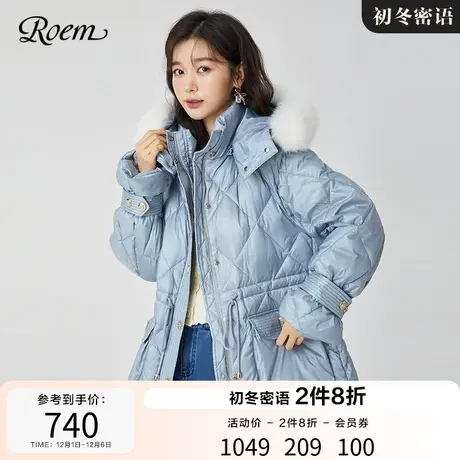 Roem商场同款中长款羽绒服冬季保暖连帽毛领可拆韩版加厚外套女商品大图
