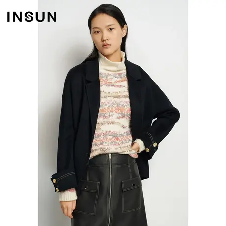 INSUN恩裳冬季大衣异色扣子点缀毛呢外套商品大图