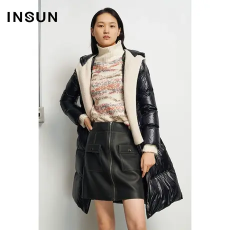 INSUN恩裳冬季黑色领口层次感白鹅绒羽绒服商品大图