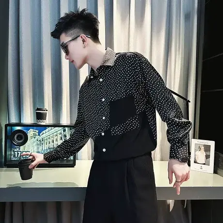 秋季潮牌上衣男波点个性长袖衬衫宽松INS潮男痞帅发型师休闲衬衣商品大图