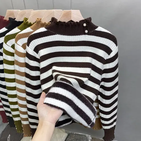 一体绒半高领毛衣女加绒打底衫2023秋冬新款条纹针织衫内搭上衣潮商品大图