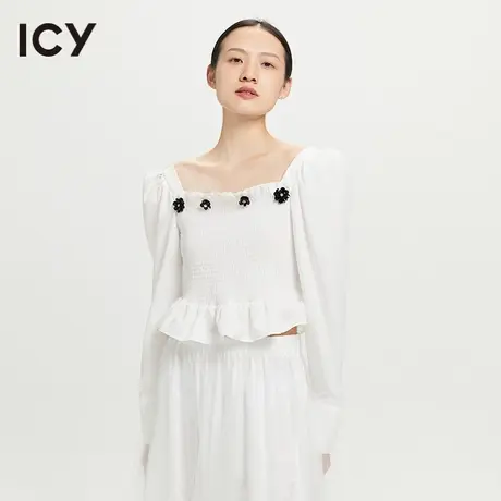 icy2023春季新款甜美复古钉花泡泡长袖打揽褶皱荷叶边短上衣女图片