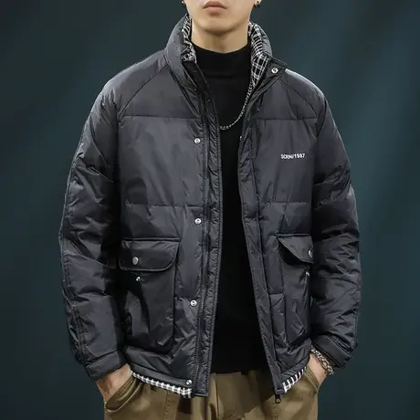 冬季加厚情侣工装羽绒服2024新款男士保暖防风宽松立领白鸭绒外套商品大图