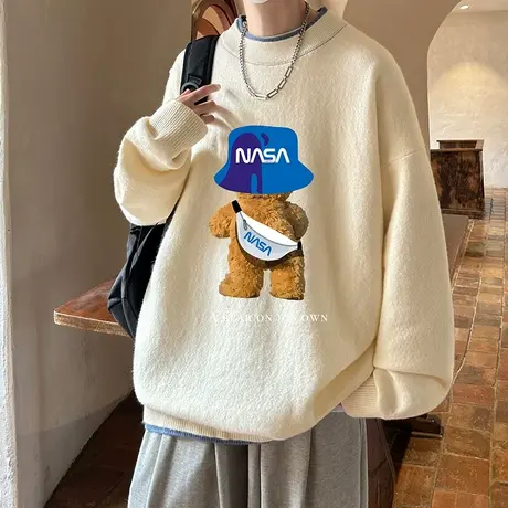 假两件毛衣男冬季新款大码卡通休闲针织衫ins春秋潮流套头毛线衣商品大图