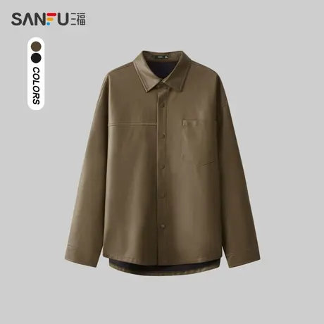 三福2024春季男士净色蜡染皮长衬衫 复古机能翻领上衣男481186图片