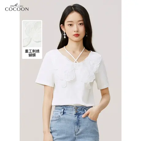 MISSCOCOON重工蕾丝蝴蝶领T恤女2023夏季新款设计感短袖针织上衣商品大图