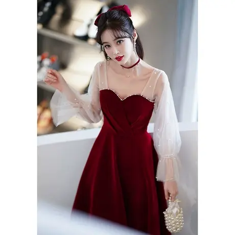 长袖敬酒服新娘2023新款秋冬季丝绒结婚订婚回门礼服女酒红色纱袖图片