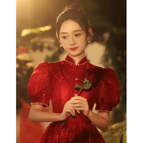 中式旗袍敬酒服新娘高级感气质酒红色女夏季改良长款订婚礼服秋季商品大图