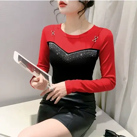 时尚拼接撞色重工烫钻长袖打底衫气质减龄内塔上衣女修身百塔T恤图片