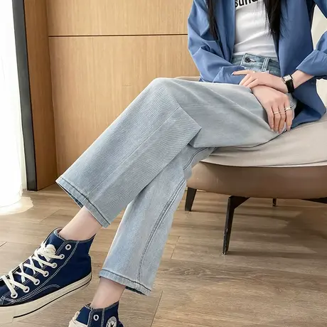 浅色九分直筒牛仔裤女2024年春秋新款高腰宽松显瘦小个子烟管裤子商品大图