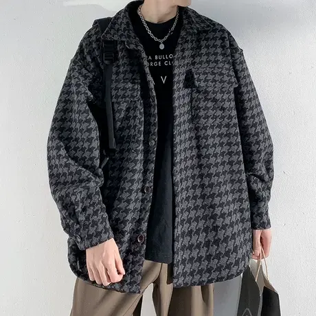毛呢千鸟格夹克外套男秋冬季潮牌痞帅翻领上衣服港风休闲厚款衬衫商品大图