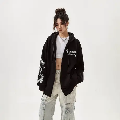 YEP黑色蝴蝶连帽开衫卫衣女春秋2024新款复古潮牌宽松情侣装外套图片