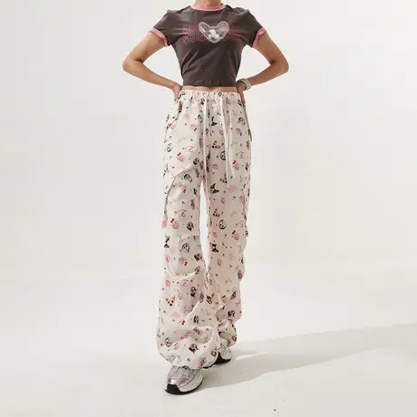 YEP设计感满印阔腿裤女2024春季新款潮牌复古直筒休闲裤宽松长裤商品大图