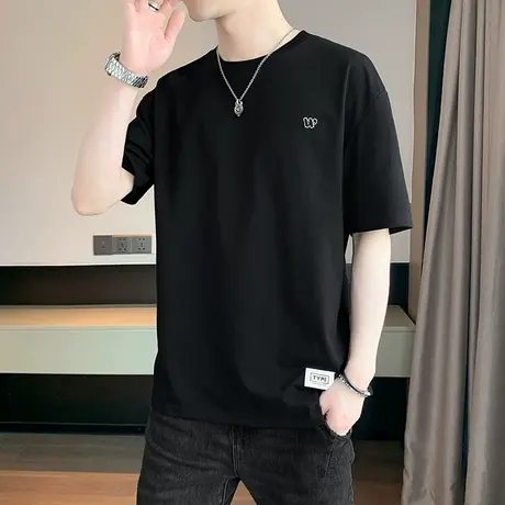 正肩黑白色短袖t恤男女圆领夏季刺绣打底衫上衣体恤纯棉百搭汗衫商品大图