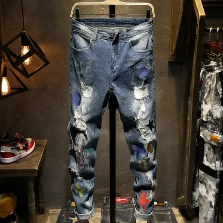 破洞夏季款牛仔裤男小脚修身乞丐裤补丁潮牌绣花裤子男刺绣复古男商品大图
