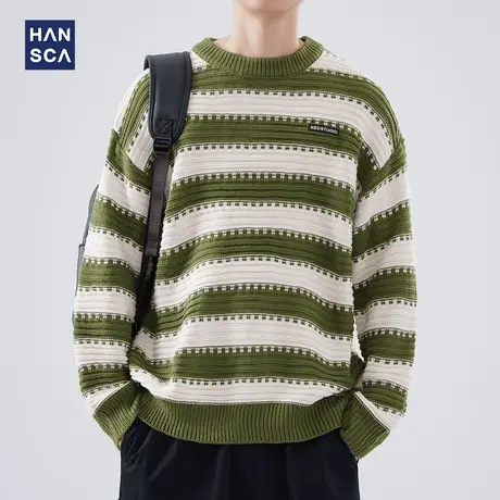 hansca日系复古毛衣男士秋冬季加厚慵懒风圆领宽松套头条纹毛线衣商品大图