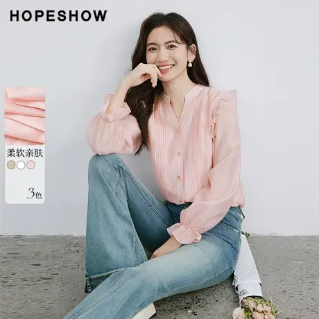 红袖木耳边泡泡袖V领衬衫女hopeshow2024春季新款单排扣淑女上衣图片