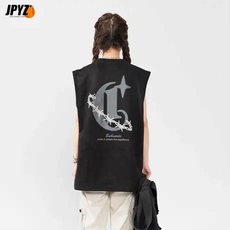 夏季印花无袖背心男女潮美式街头篮球运动健身坎肩打底上衣短袖商品大图