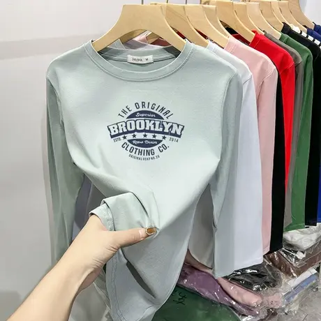 纯棉t恤女春正肩圆领修身显瘦长袖洋气打底衫内搭磨毛加厚秋冬季图片