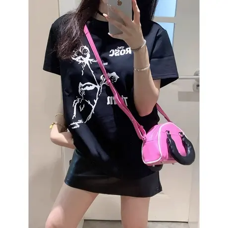 白色玫瑰T恤女2024新款ins潮牌短袖夏季衣服上衣印花宽松大版半袖商品大图