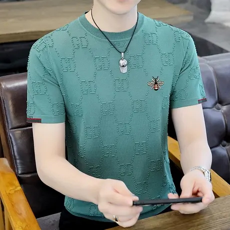短袖男夏季潮牌高端冰丝薄款针织衫上衣半袖男款刺绣蜜蜂冰感体恤商品大图