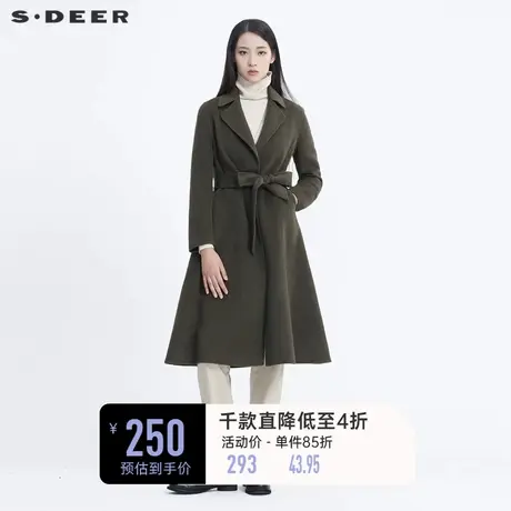 sdeer圣迪奥女装冬装时尚翻领收腰拼接长款毛呢大衣外套S20461803图片