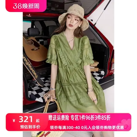 妖精的口袋绿色法式连衣裙女2023夏季新款v领森系宽松精致设计感商品大图