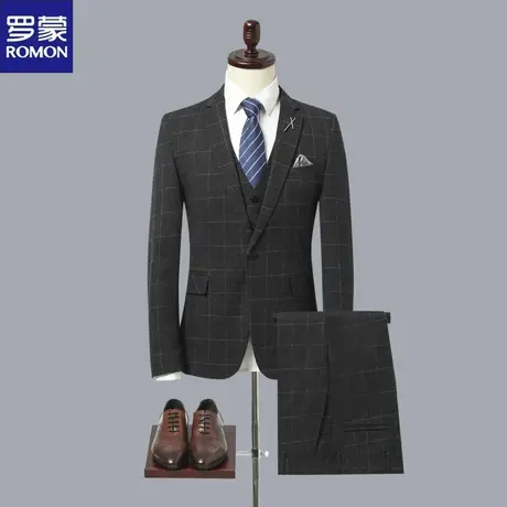 罗蒙格子西服套装男新郎结婚礼服西装三件套修身韩版休闲正装外套图片