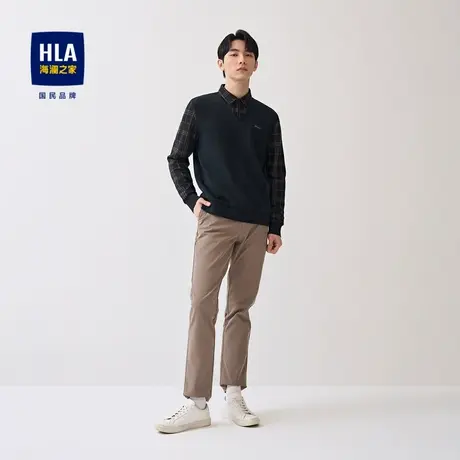 【加绒】HLA/海澜之家23假两件针织衫格纹刺绣双面绒保暖毛衣男商品大图