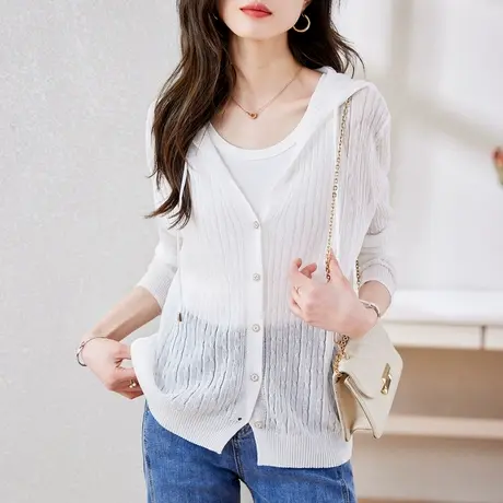 时尚气质淑女针织开衫2023年夏季新款温柔甜美显瘦通勤连帽上衣商品大图