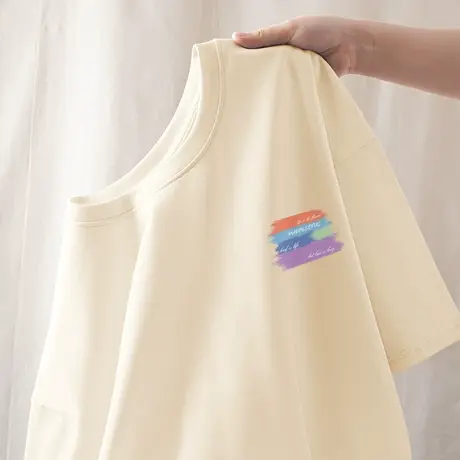 米色短袖t恤女2023年夏季新款宽松纯棉半袖彩条设计感情侣装上衣商品大图