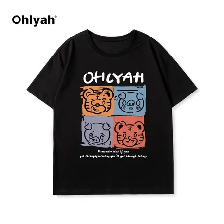 Ohlyah圆领纯棉短袖女情侣装ins潮牌韩版宽松打底衫原宿港风t恤商品大图