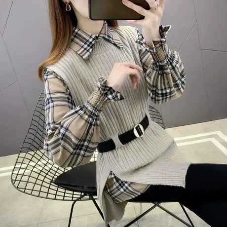 针织马甲配格子衬衫两件套女时尚爆款套装2023年春秋新款收腰显瘦商品大图