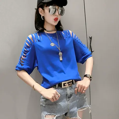 破洞t恤女短袖2023夏装新款宽松女装半袖抖音体恤中袖纯棉上衣潮商品大图