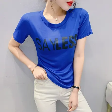 网红克莱因蓝短袖T恤女欧货修身圆领半袖小衫夏显瘦百搭洋气上衣商品大图