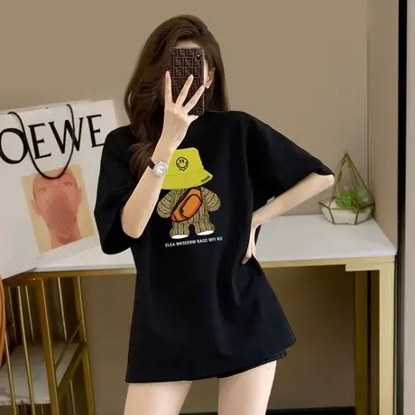 2023新款欧货纯棉印花短袖t恤女宽松遮屁股显瘦搭配鲨鱼裤的上衣商品大图