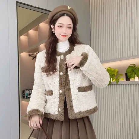 羊羔毛外套女秋冬加厚2023新短款小香风毛毛复古宽松夹棉毛绒上衣商品大图