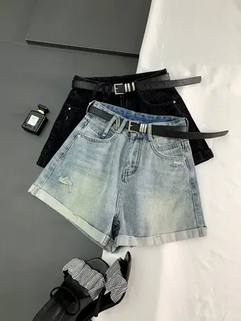 复古磨破卷边牛仔短裤女2023新款重工水洗高腰阔腿裤百搭a字短裤商品大图