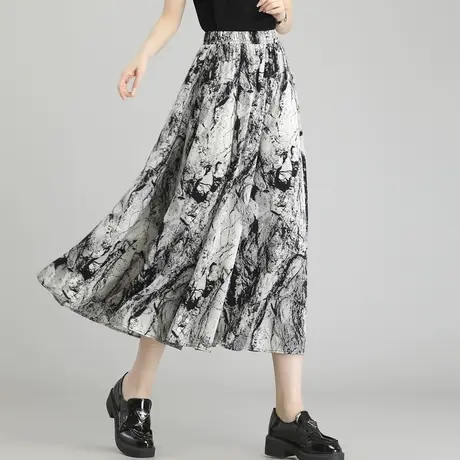 神秘花园水墨画印花雪纺半身裙女夏季2023新款a字大摆宽松中长款图片