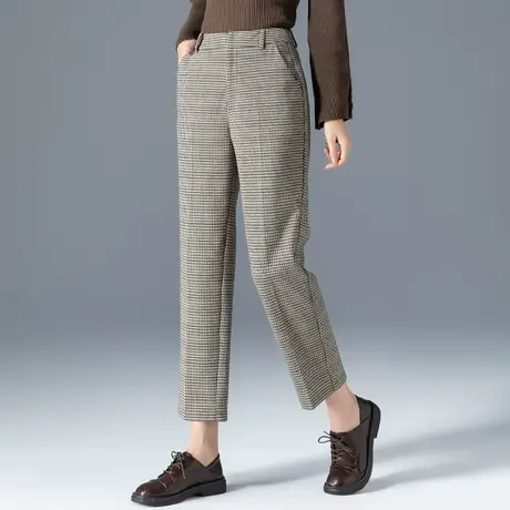 休闲格子西装裤女2023新款春秋妈妈裤子春季萝卜裤宽松九分哈伦裤商品大图