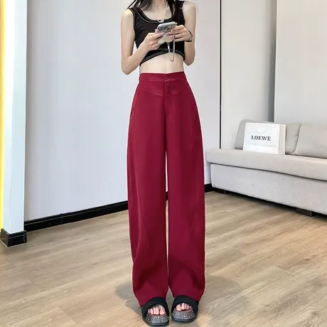 酒红色阔腿裤女2023春夏薄款高腰垂感直筒宽松冰丝休闲西装香蕉裤商品大图