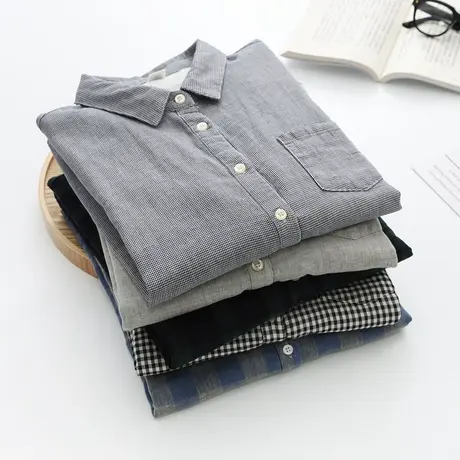 双层纱纯棉黑白小格子衬衫女2021年秋季文艺长袖宽松复古叠穿上衣商品大图