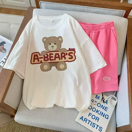 纯棉运动服套装女2023夏季薄款宽松短袖短裤小个子时尚休闲两件套商品大图