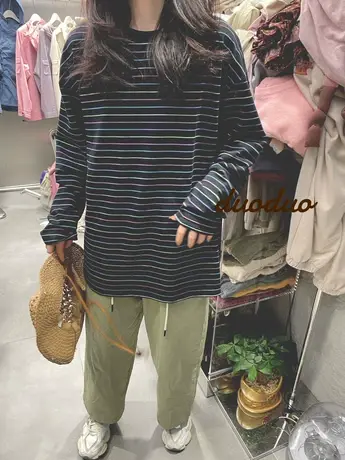 2023春秋装新款韩版条纹拼色宽松OVERSIZE长袖T恤女打底衫上衣服图片