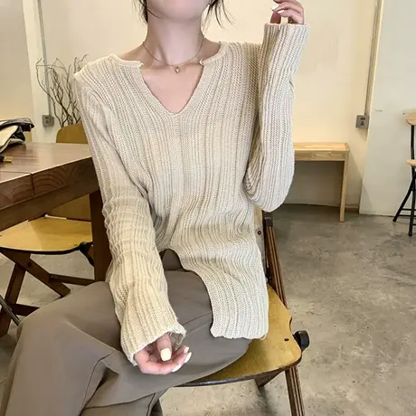 v领开叉设计感针织衫女春秋季修身显瘦内搭打底衫早春气质上衣服商品大图