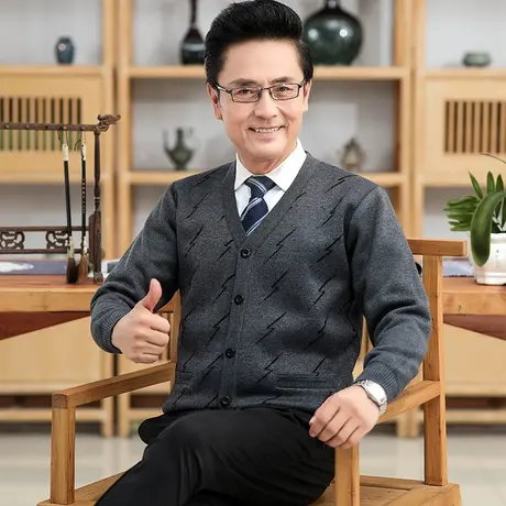 针织开衫外套男士秋装加厚加绒保暖款对襟毛衣老年人爷爷秋冬上衣商品大图