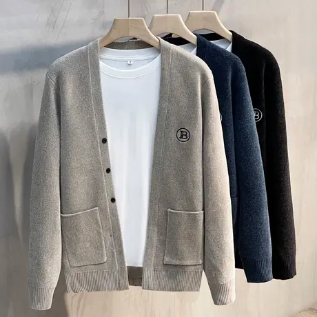 秋冬季小章刺绣雪尼尔针织开衫男韩版简约休闲毛衣衫薄外套男夹克商品大图